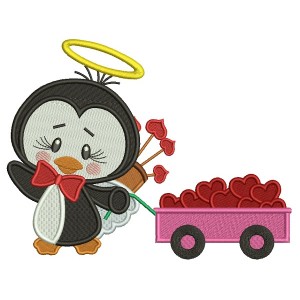 Penguin Angel With Wagon Full Of Hearts Filled Machine Embroidery Design Digitized Pattern